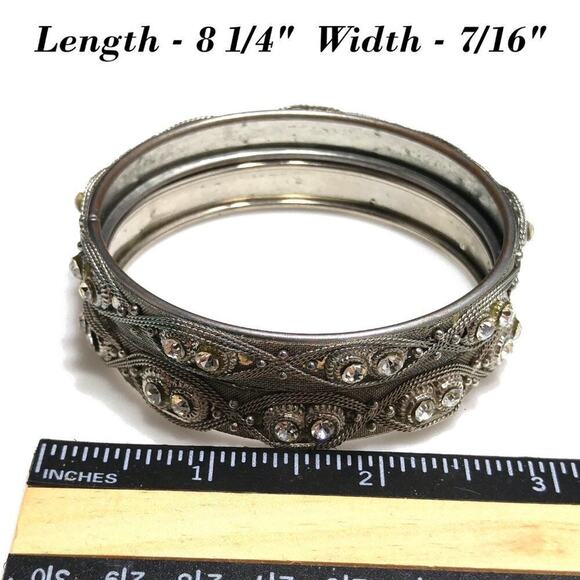Set of 2 Vintage Silver Tone Mesh Bangle Bracelets, Clear Rhinestones, 8 1/4 In - Picture 6 of 8